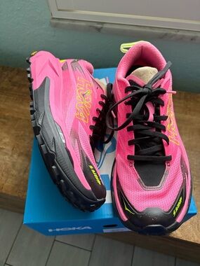 Hoka Pink and Black Trail Running Shoes with Yellow Accents (MAFATE 5)